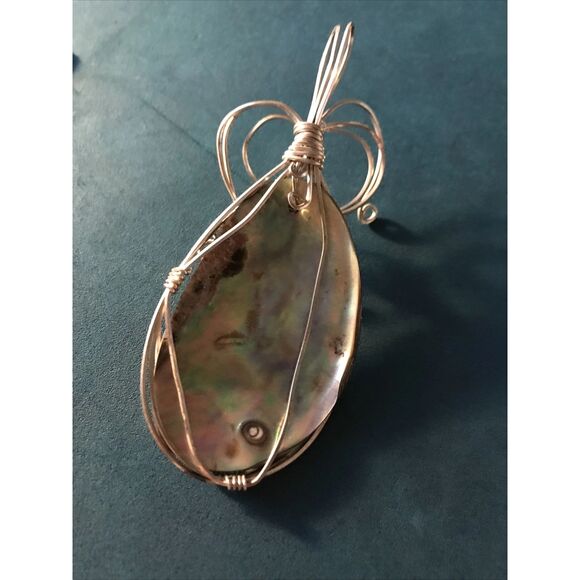 Artisan Abalone Shell Sterling Wire Wrapped Pendent 3” Minimalist - Picture 8 of 9